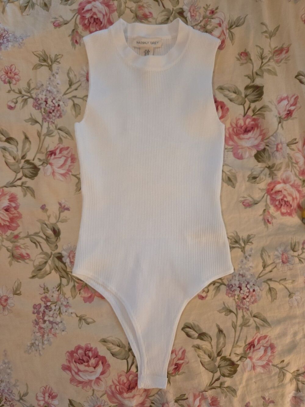 Happily Grey Ribbed White Sleeveless Bodysuit Size MEDIUM